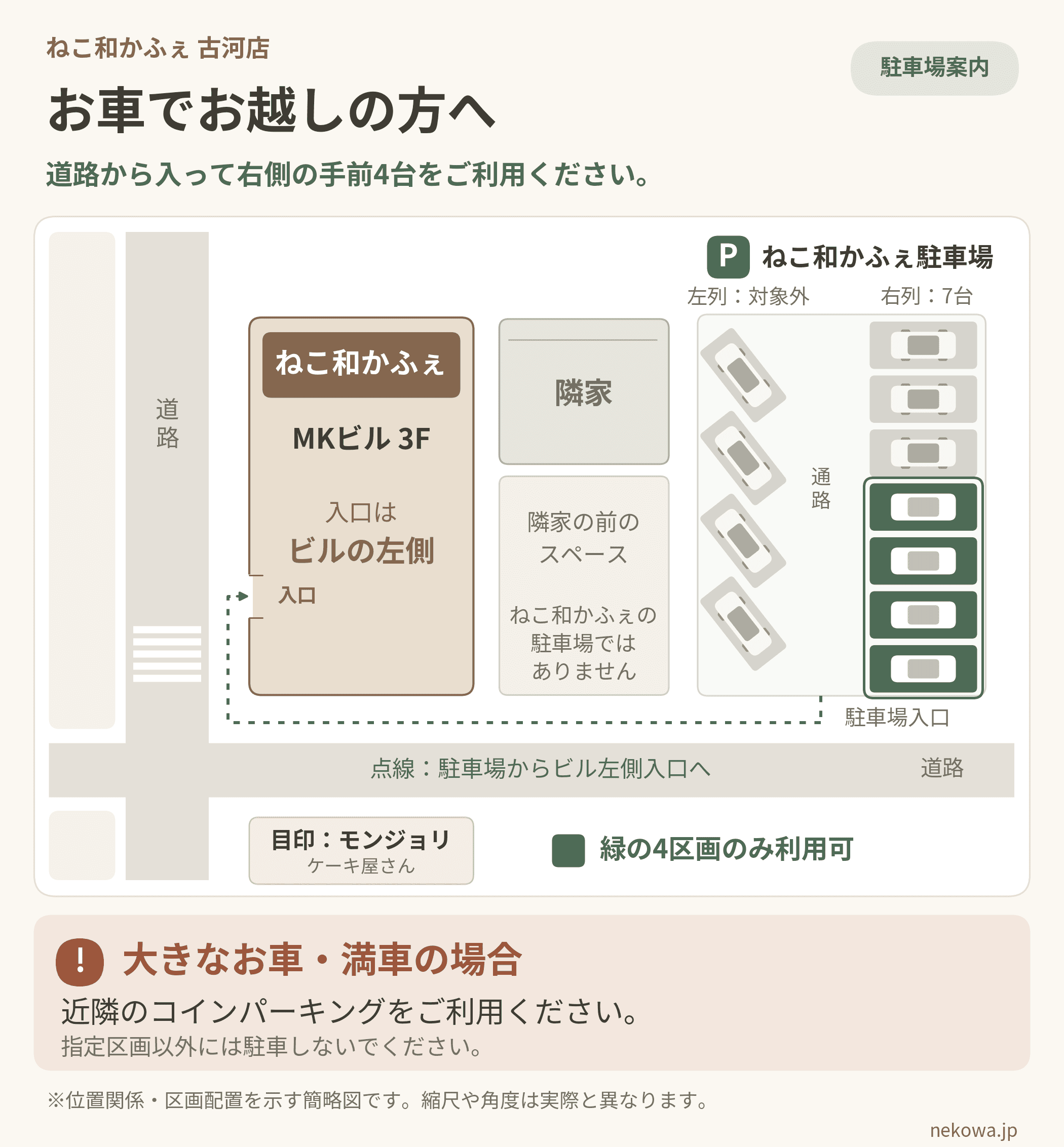 ねこ和カフェ駐車場。道路から入って右側の手前4台が利用可能。ビル入口は建物左側です。